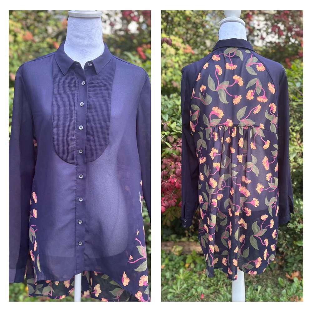Maeve by Anthropologie Blouse Sheer Navy Blue Flowers 8